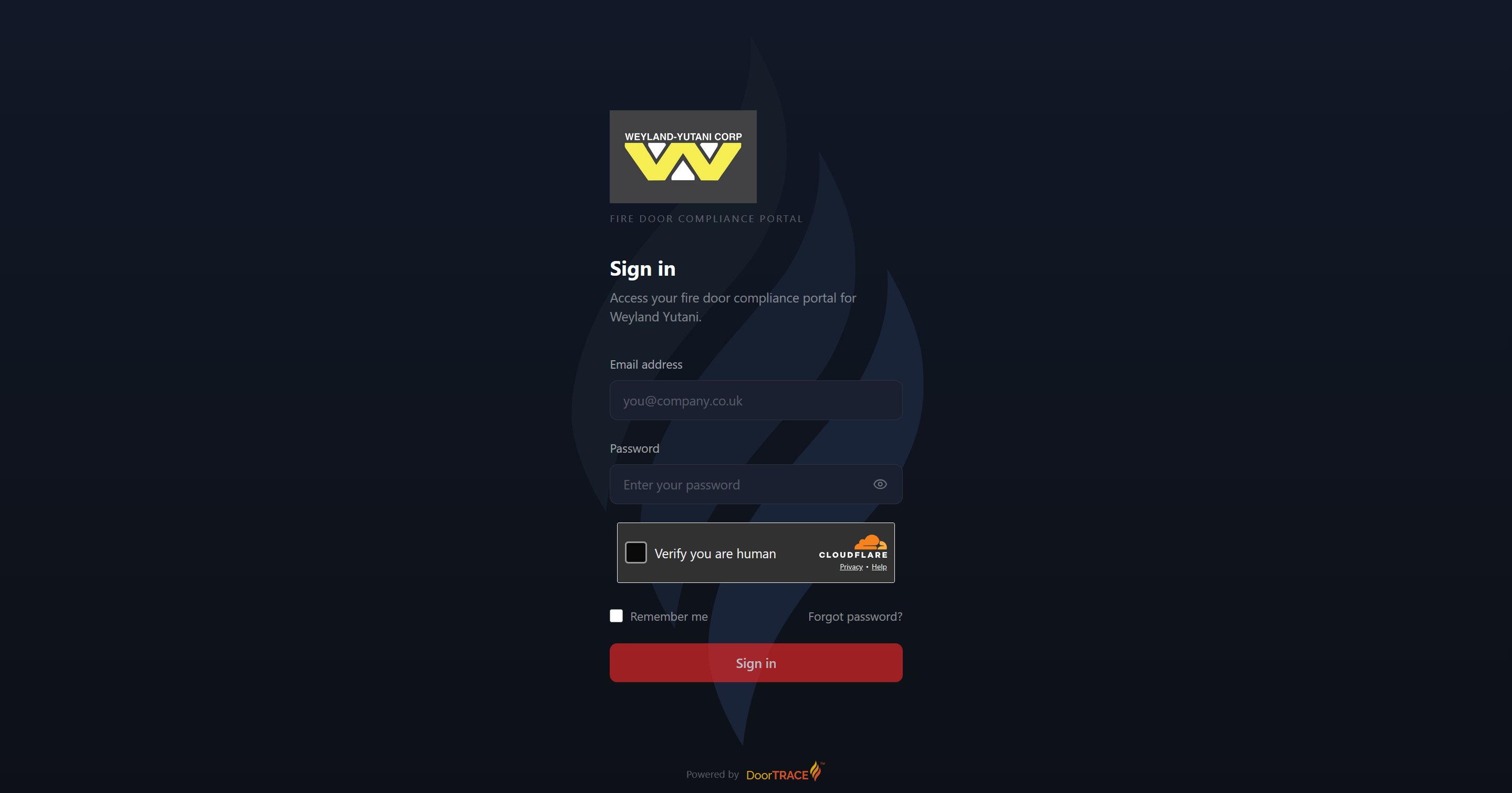 DoorTRACE Client Portal - Weyland-Yutani branded sign-in