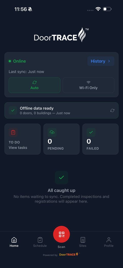 DoorTRACE Engineer App home screen with sync status