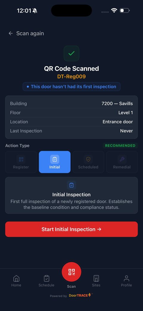 DoorTRACE app after scanning a QR plaque, with door details and action picker