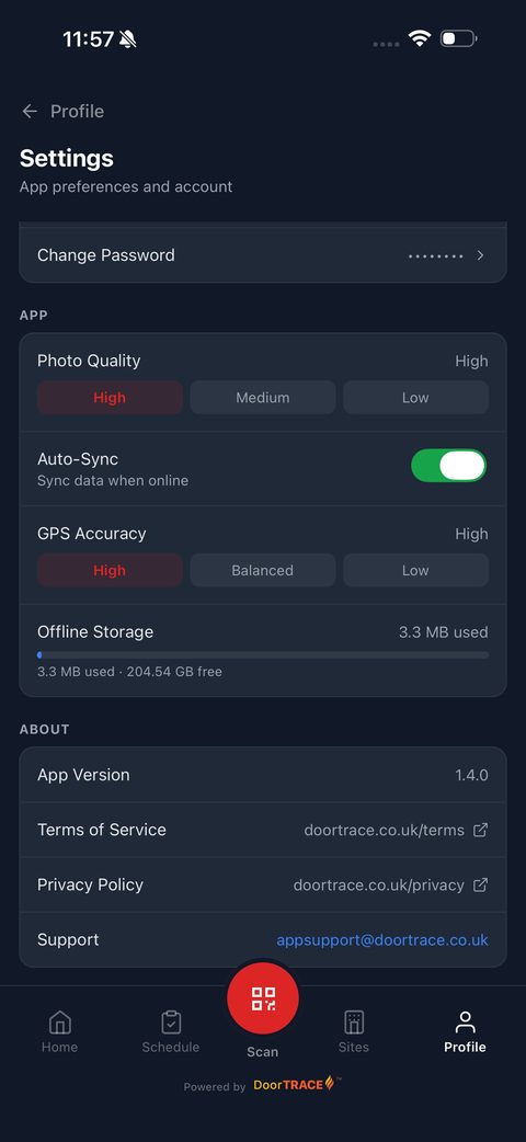 DoorTRACE Engineer App settings showing Auto-Sync toggle, offline storage usage, GPS accuracy controls