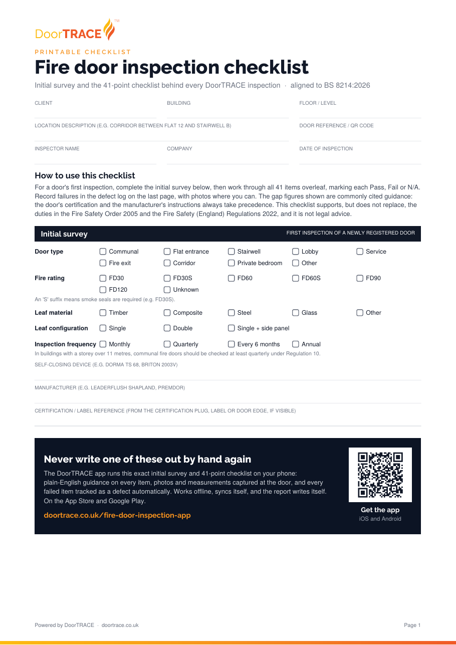 Page one of the free fire door inspection checklist PDF with door details and the initial survey
