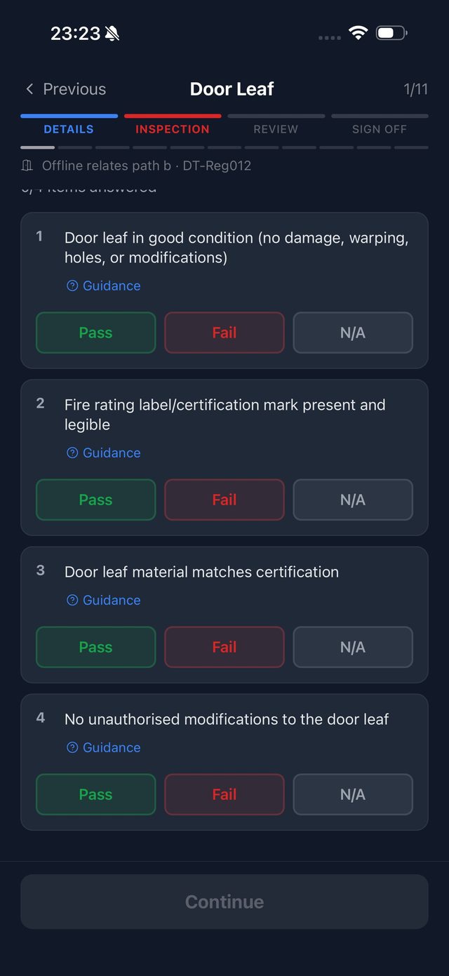 DoorTRACE engineer app running a BS 8214:2026 fire door inspection on a phone