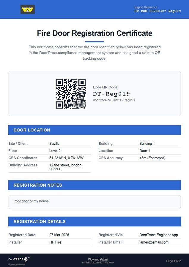 A DoorTRACE fire door registration certificate with the door's unique QR tracking code