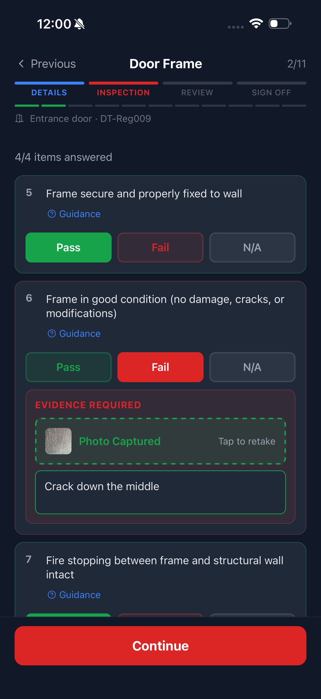 BS 8214 inspection in progress on the DoorTRACE engineer app. Door Frame section, item 6 failed with photo evidence and note captured.
