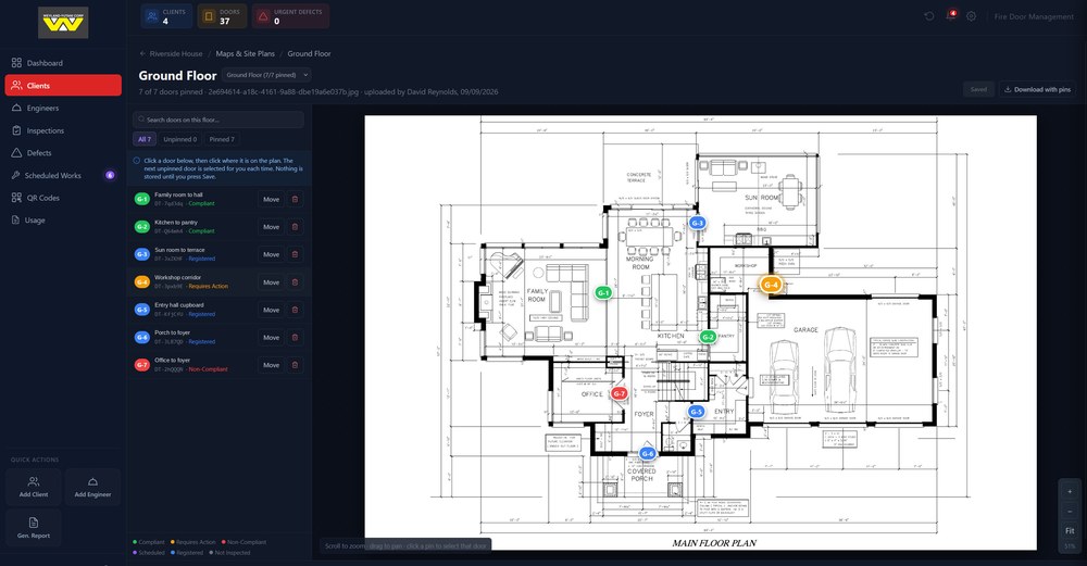 DoorTRACE Portal floor plan viewer - every door on the floor pinned and colour-coded by status