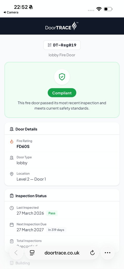 DoorTRACE public door page - shown to anyone scanning the QR plaque