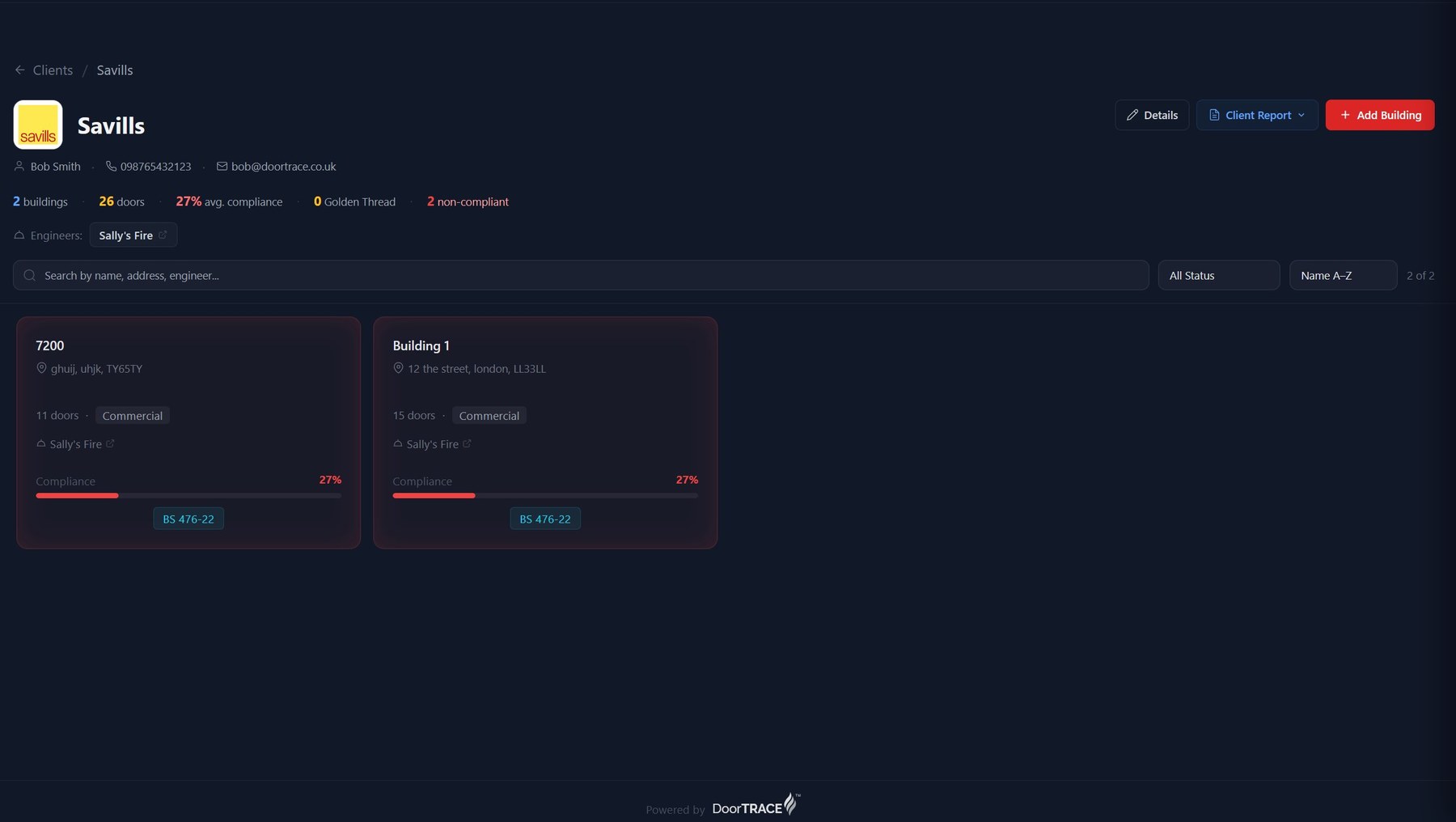 DoorTRACE FM portal showing a client portfolio page with building cards, compliance percentages and engineer assignments