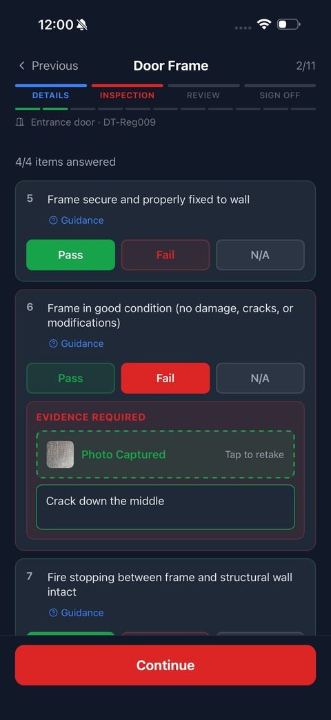 DoorTRACE engineer app showing the door frame inspection screen with pass/fail checks and photo evidence