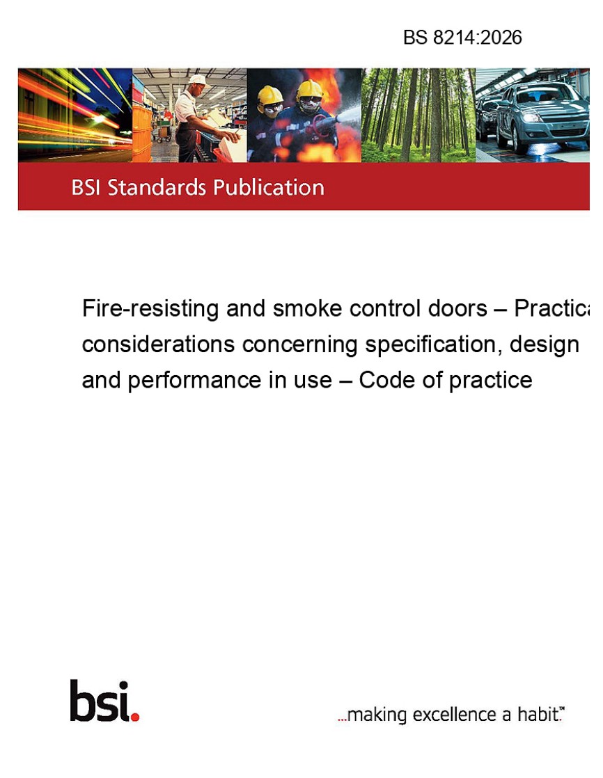 Cover of BS 8214:2026, Fire-resisting and smoke control doors - Code of practice, published by BSI.