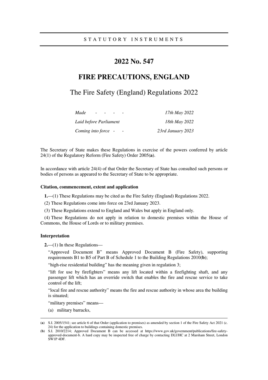 Page 1 of the Fire Safety (England) Regulations 2022, Statutory Instrument 2022 No. 547, which contains Regulation 10.