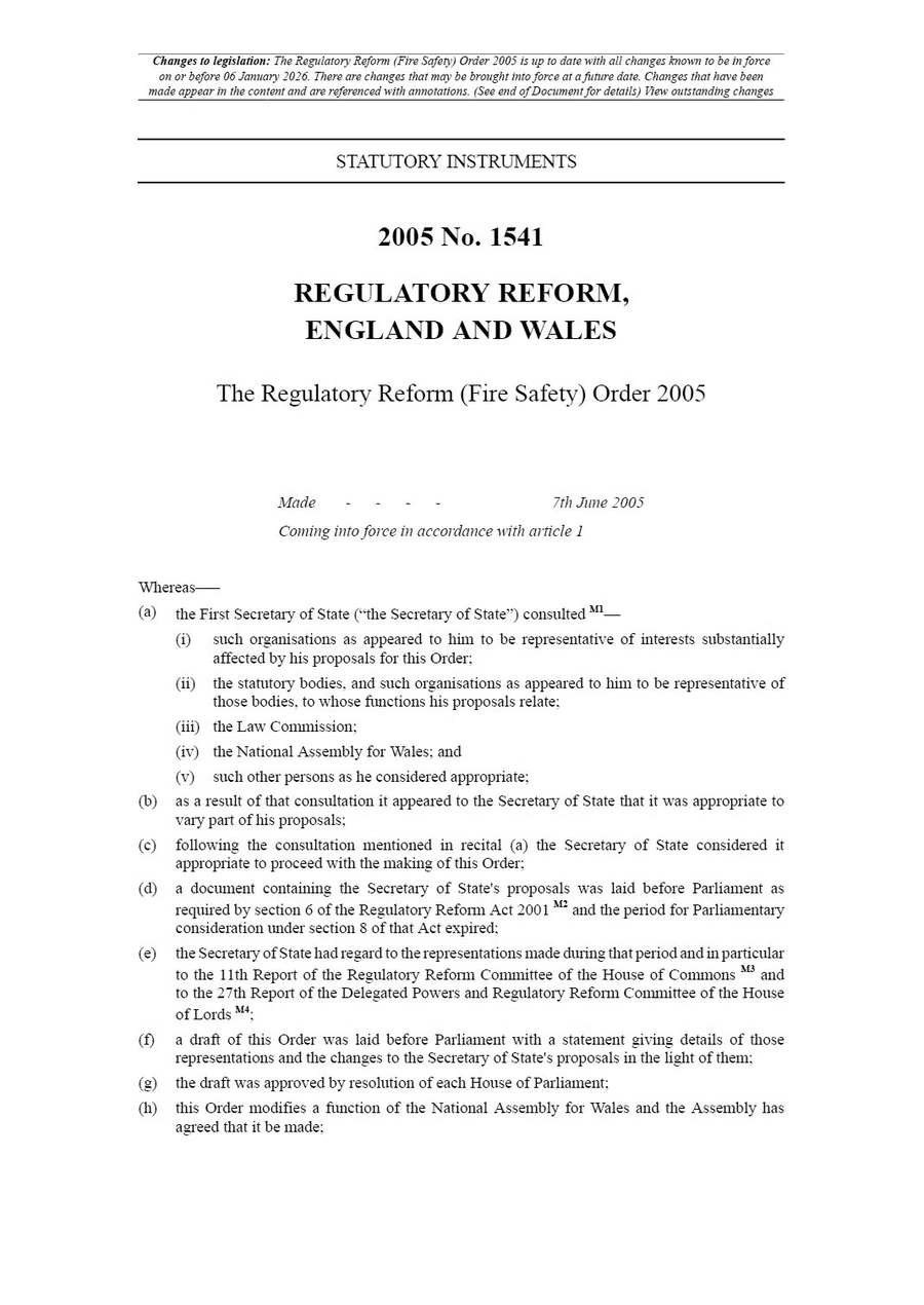 Page 1 of the Regulatory Reform (Fire Safety) Order 2005, Statutory Instrument 2005 No. 1541, showing the title block, made-and-coming-into-force dates, and recitals.