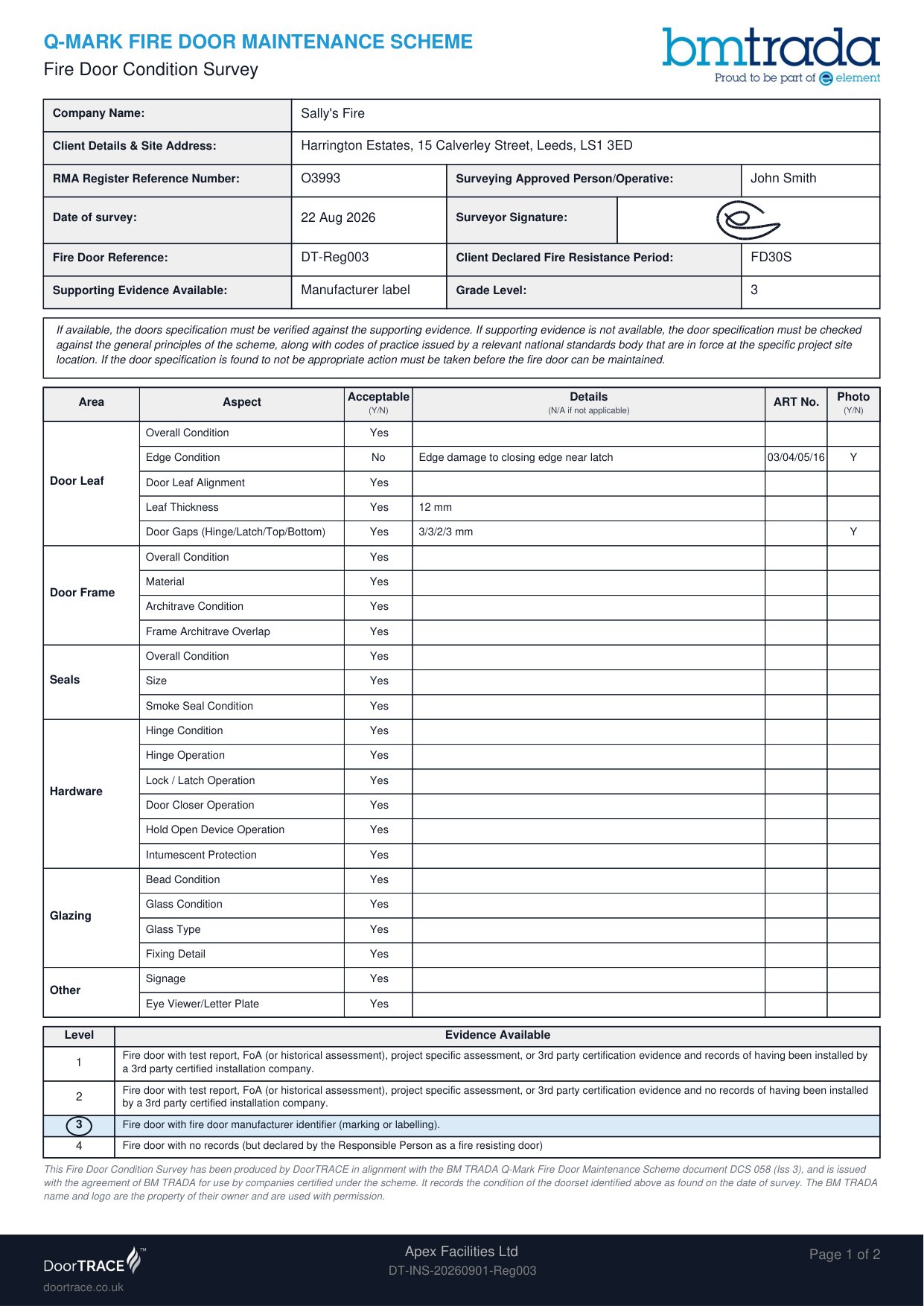 Official DCS 058 Fire Door Condition Survey produced under the BM TRADA Q-Mark Fire Door Maintenance Scheme
