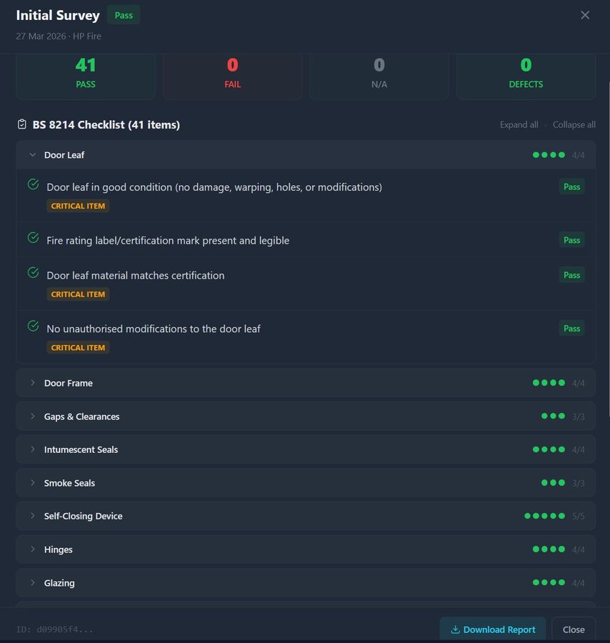 Inspection record open in the portal showing the BS 8214 checklist
