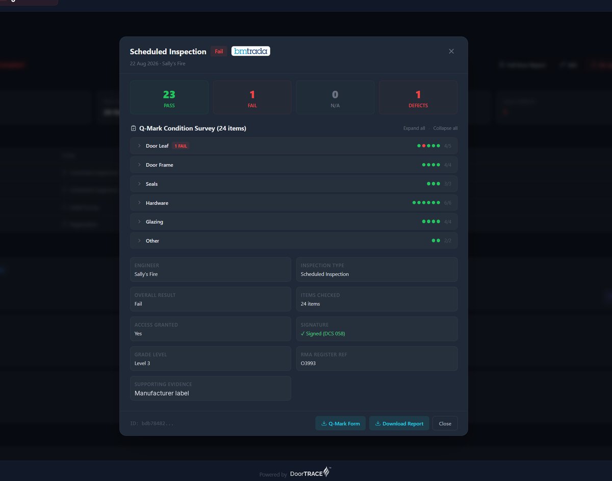 Q-Mark inspection record open in the portal showing the DCS 058 condition survey, evidence grade and RMA reference