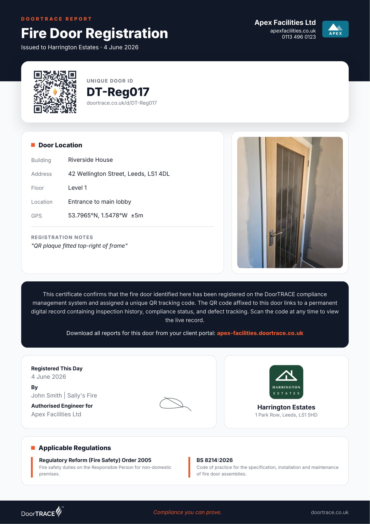 Fire Door Registration Certificate