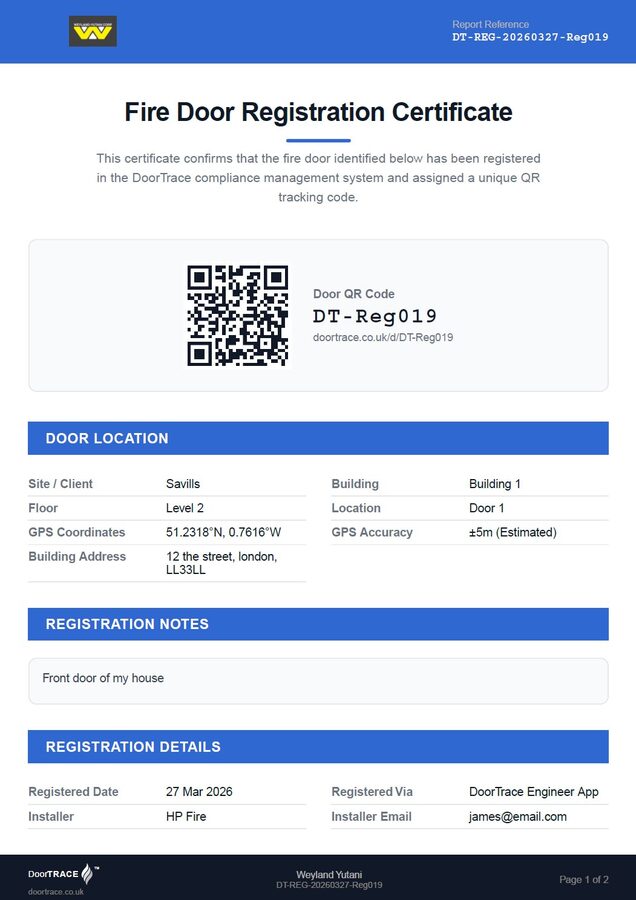 Fire Door Registration Certificate